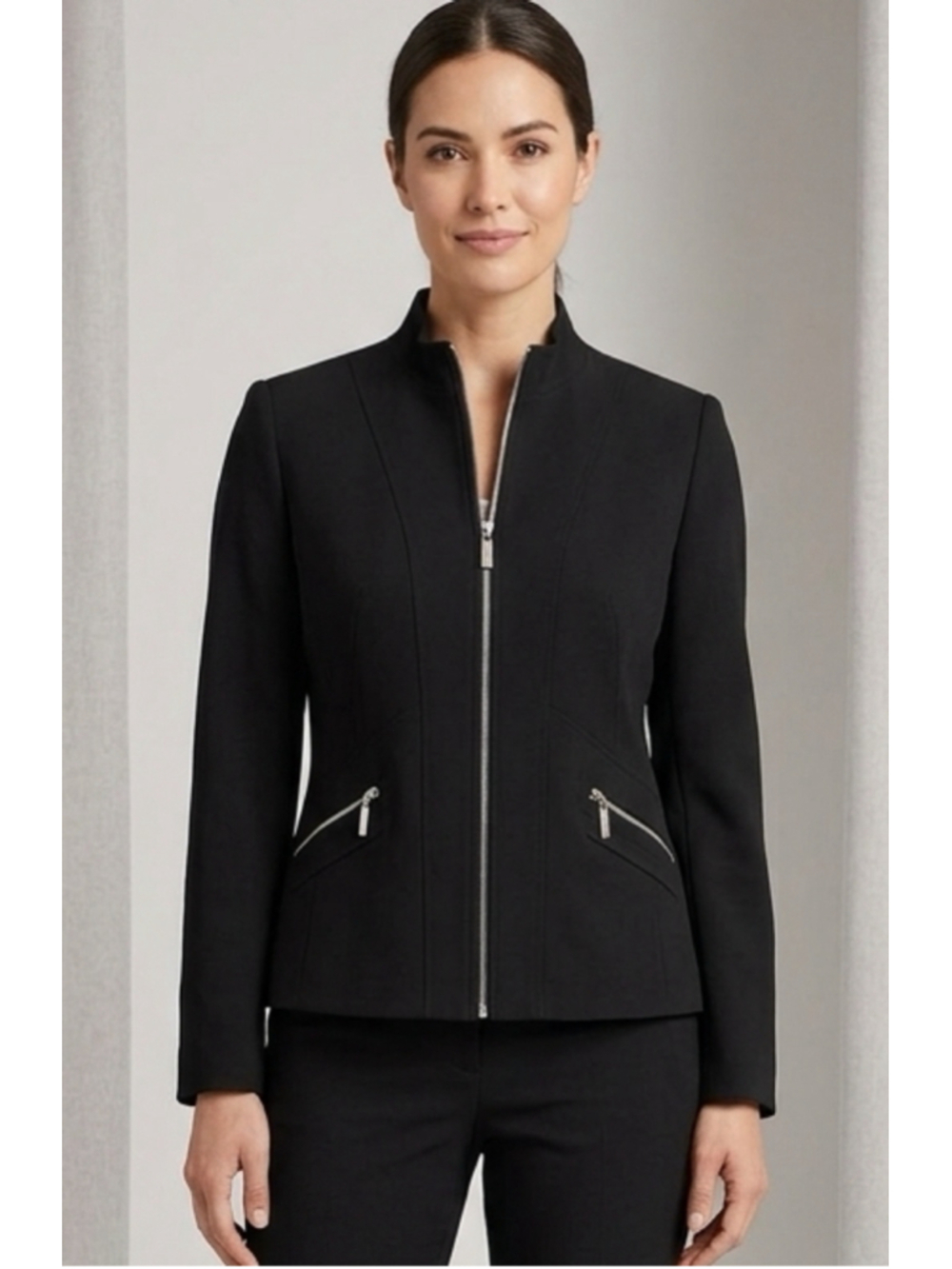 Louben Vintage Black Full Zip Jacket Mandarin Mock Neck Career Blazer Size 8P